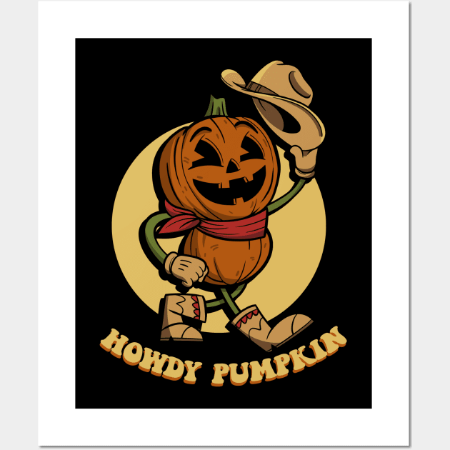 Howdy Pumpkin Retro Western Halloween T-Shirt Wall Art by DeepFriedArt